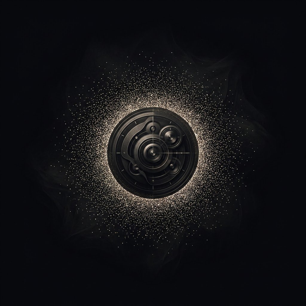 Abstract precision mechanism surrounded by a warm-white particle field.