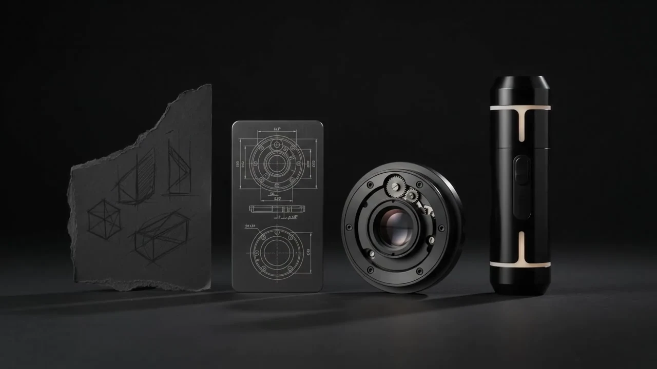 A dark editorial still life showing a sketch, technical drawing, engineered component, and finished product.
