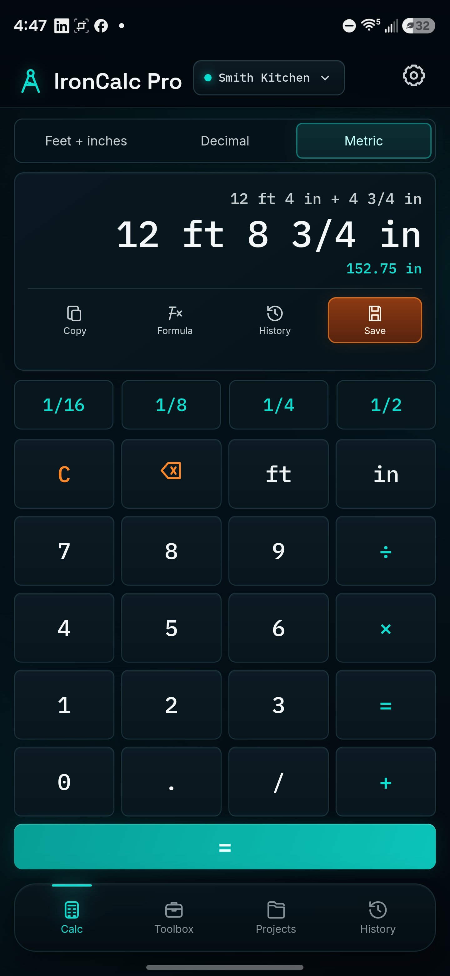 IronCalc Pro technical calculator development screen.