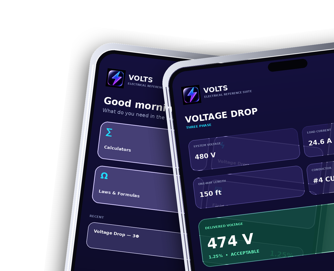 Two VOLTS mobile app screens shown in production phone mockups.